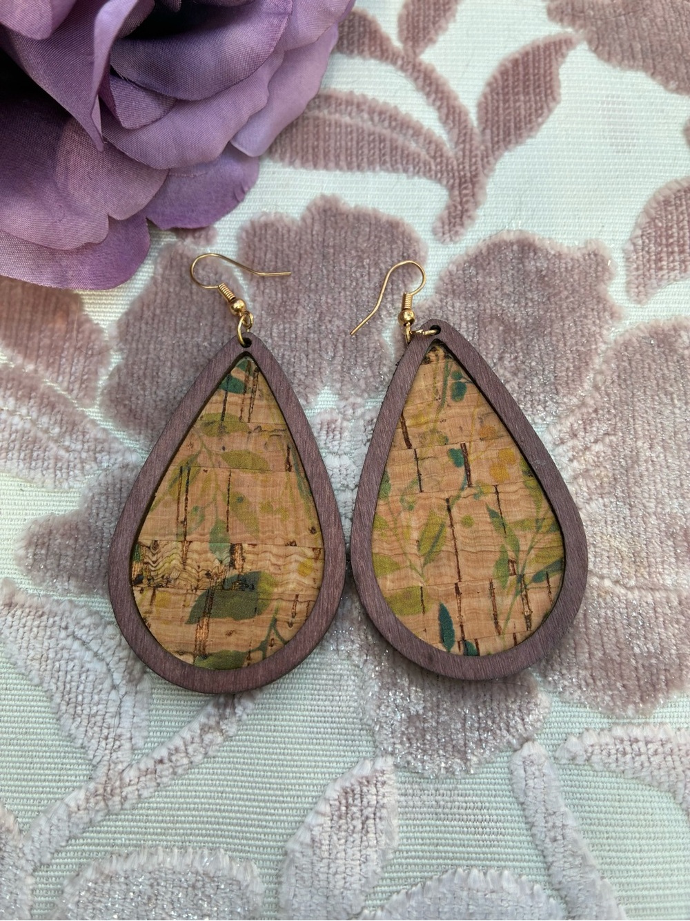 Handmade Teardrop Cork & Wood Earrings in Natural Green